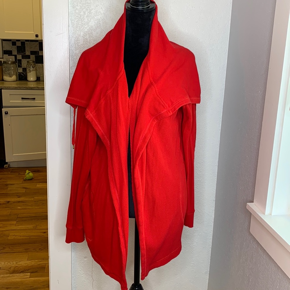 Lauren Ralph Lauren Red Draped Open Front Cardigan Sweater Cozy Waffle Knit lux